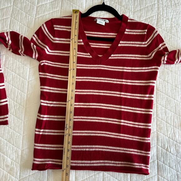 Lacoste Women's Long Sleeve V-neck Striped Sweater Merino Wool Red Cream Size M - Picture 12 of 12